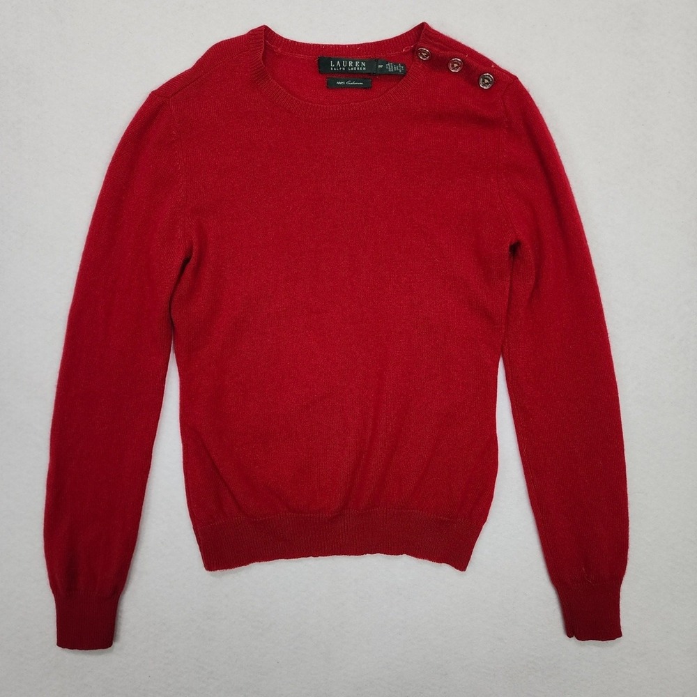 Lauren Ralph Lauren Sweater Womens P/P Red Cashmere Button Shoulder Tight Knit